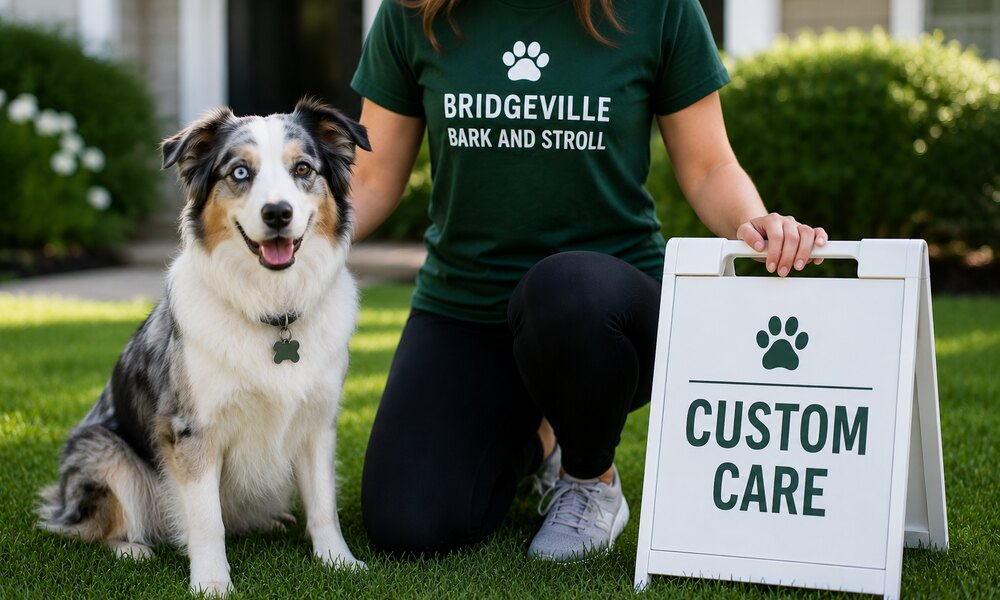 Australian Shepherd sitting beside a Bridgeville Bark and Stroll handler with a Custom Care sign
