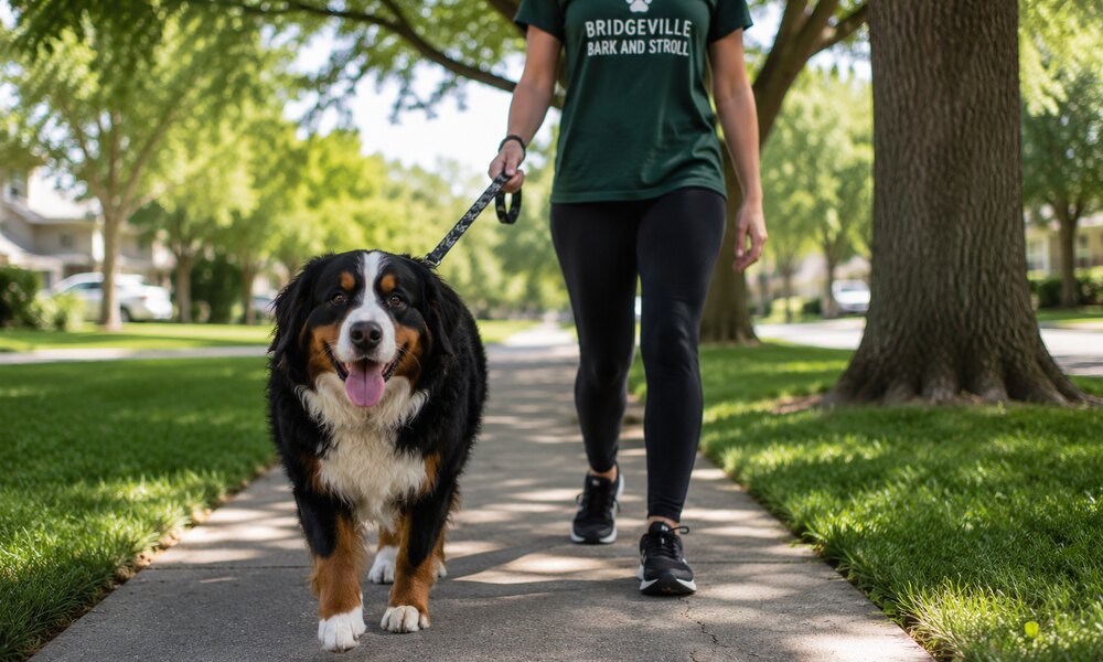 Bernese Mountain Dog walking on leash with a Bridgeville Bark and Stroll handler