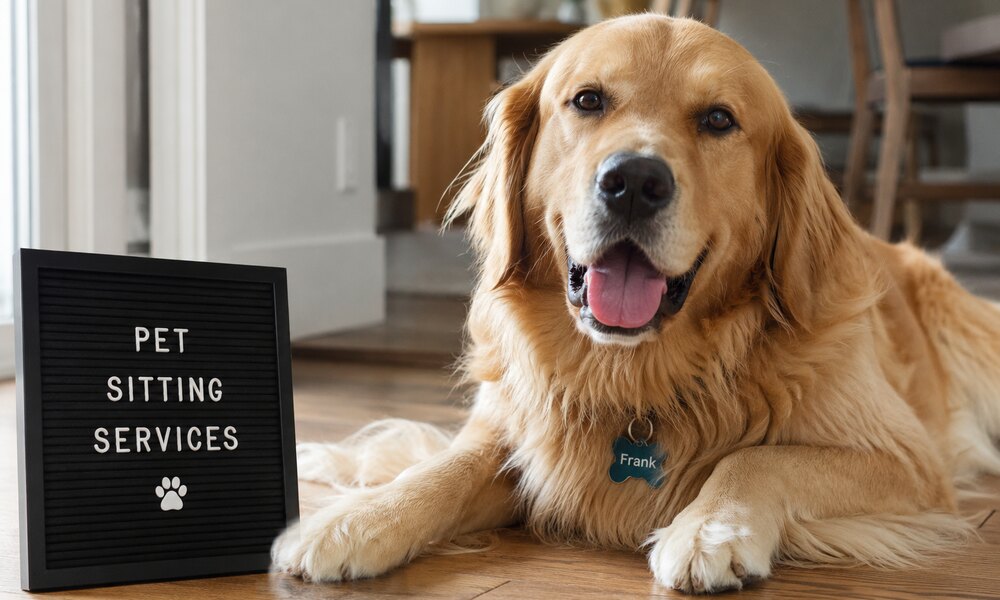 Frank the golden retriever lying next to a Pet Sitting Services letter board