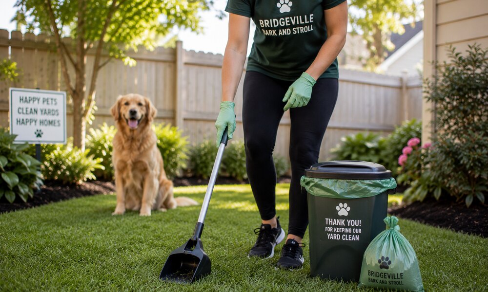 Bridgeville Bark and Stroll handler scooping a clean yard with a golden retriever and branded bin nearby